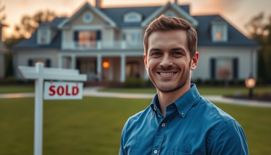 Smiling man with a 'Sold' sign in front of a house, Tax-Free Home Sale Exclusion concept.
