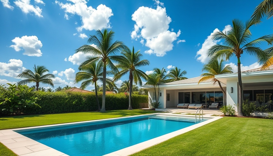 Backyard with a pool, palm trees, and a white bungalow, illustrating if a pool can increase home value.