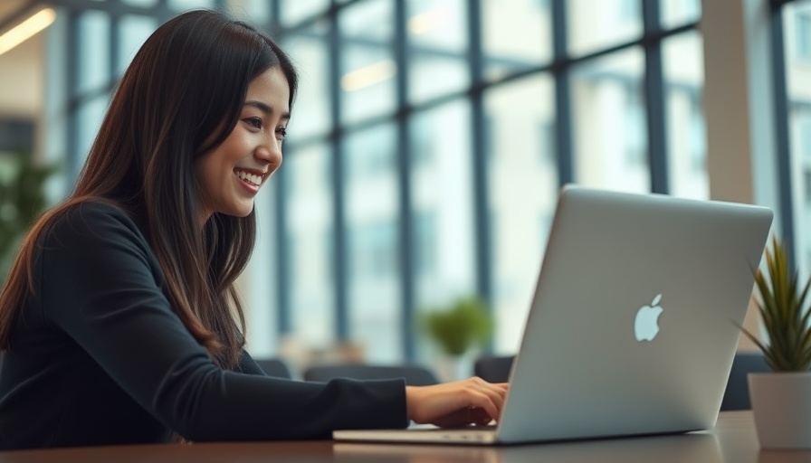 Woman studying online courses on a laptop in a bright office.