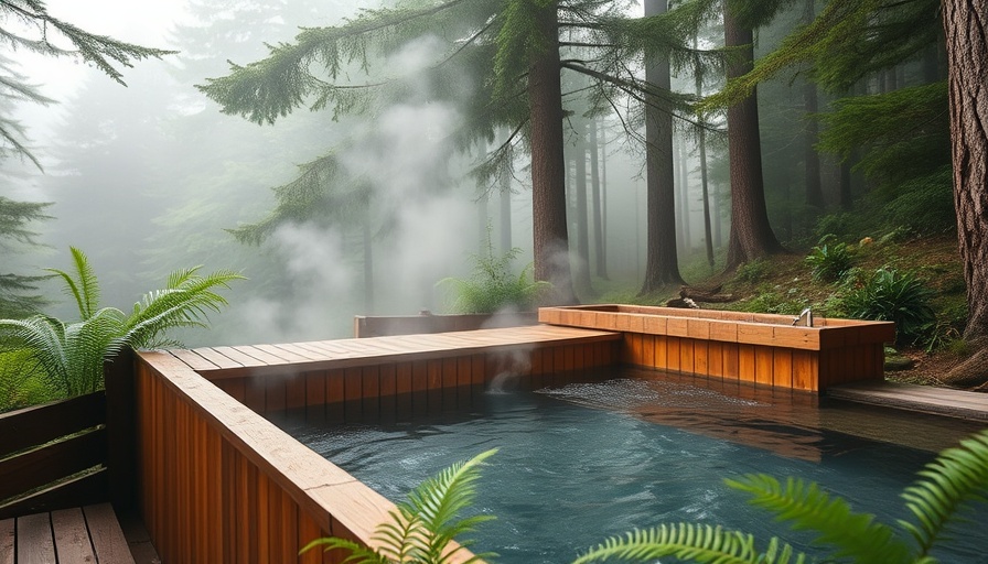 Wooden hot tub in a misty forest, serene environment.
