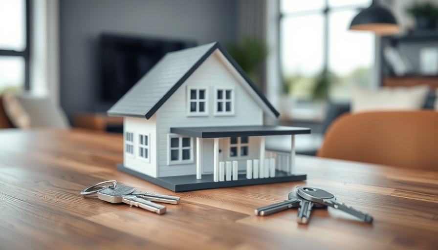 House model and key on table, real estate concept.