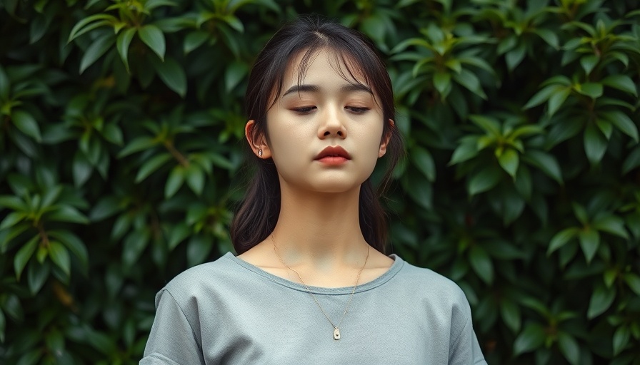 Young woman feeling empty inside in green foliage background.