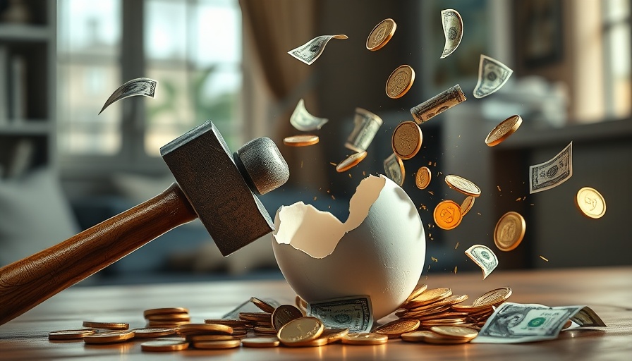 Hammer breaking an egg with flying money, illustrating financial impact.