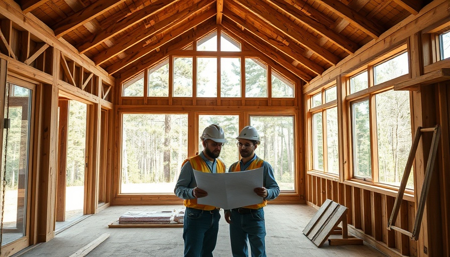 Construction workers reviewing plans inside a large unfinished house.