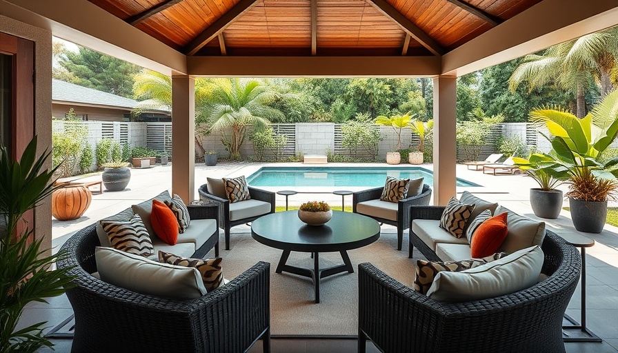 Stylish outdoor living room by a pool with greenery