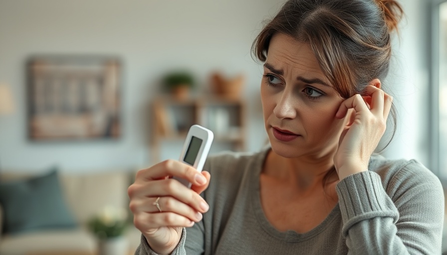 Concerned woman checking thermometer, post-birth control syndrome context.