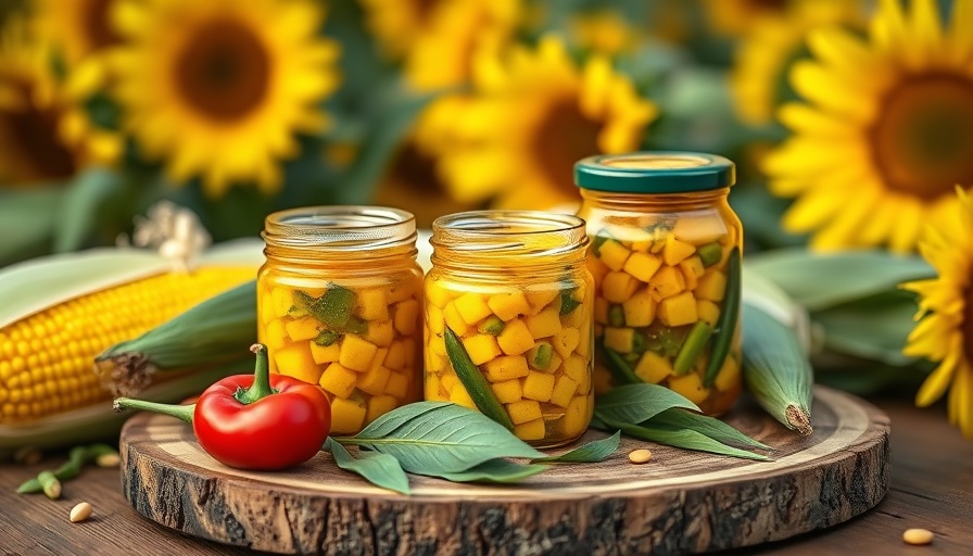 Rustic corn and pepper relish jars on wooden board with fresh corn.