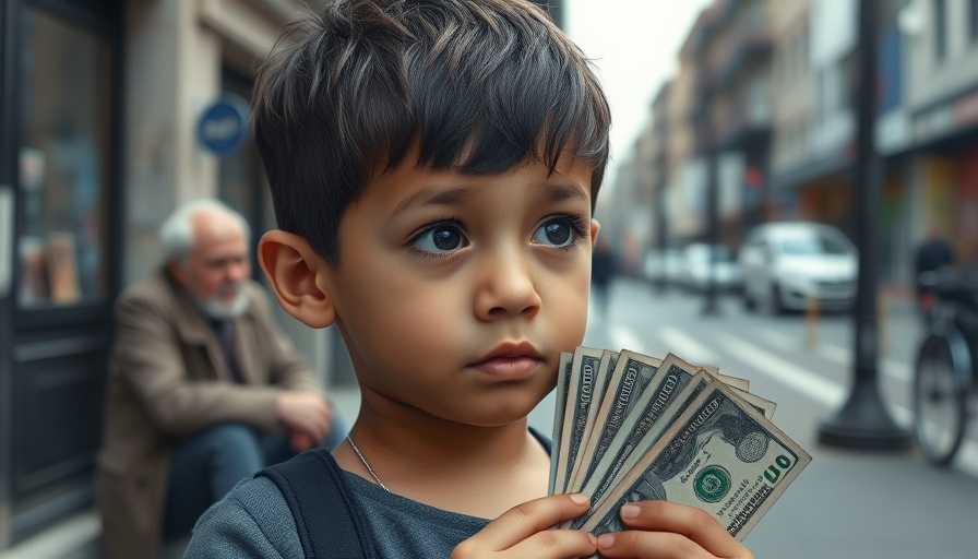 Young boy holding money in urban street, thoughtful expression.