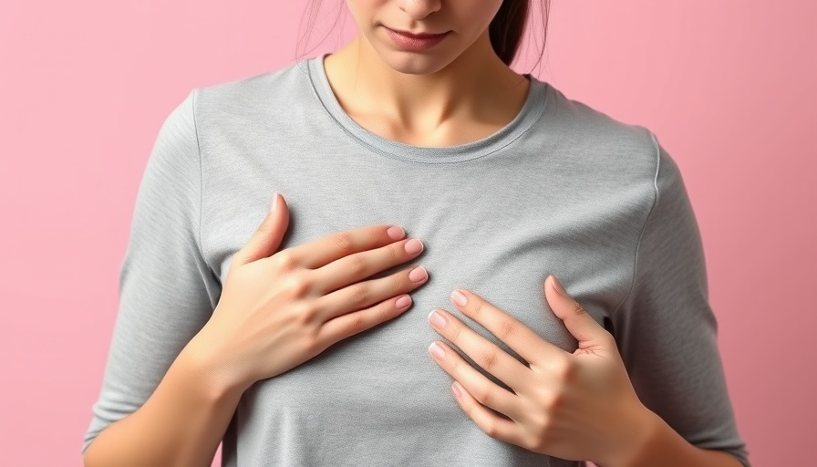 Woman experiencing pain under left breast, pink background.