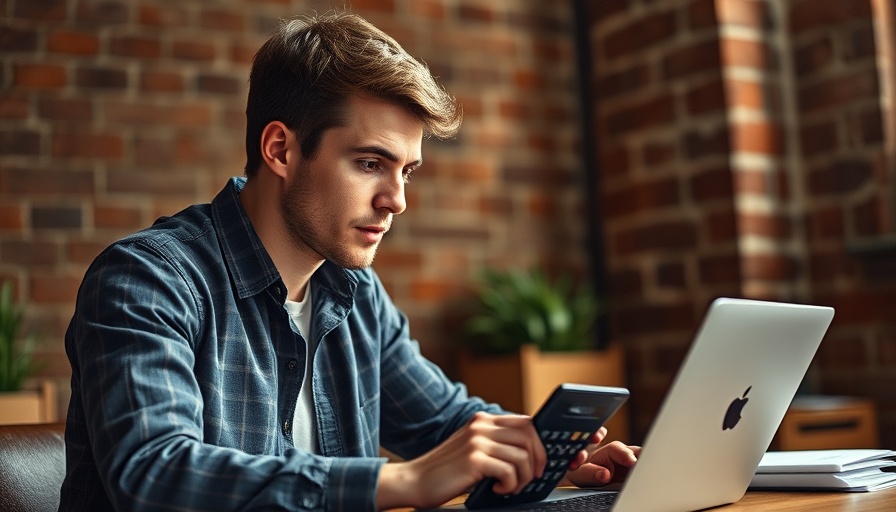 Young man analyzing finances, budgeting for home maintenance on laptop.