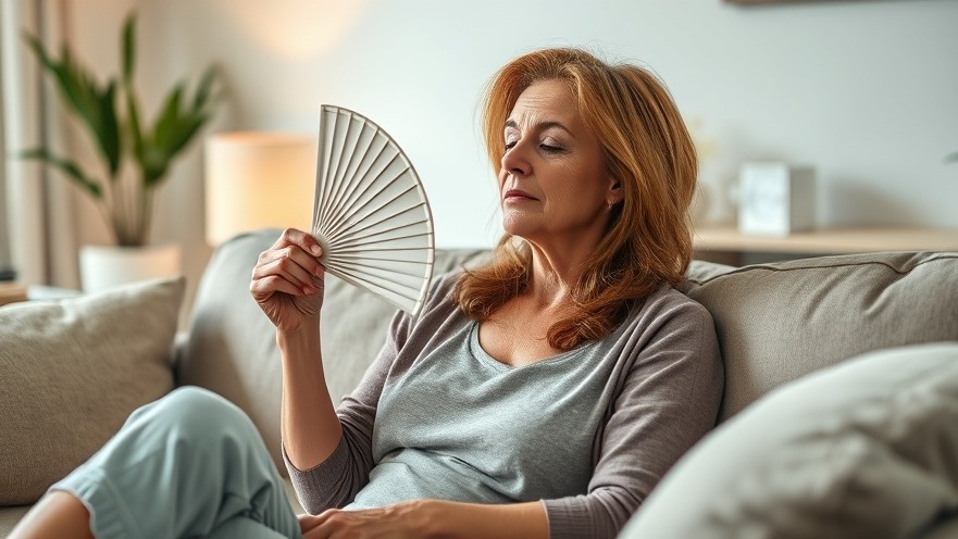 Relaxed woman using a fan to relieve hot flashes during menopause, calming living room.