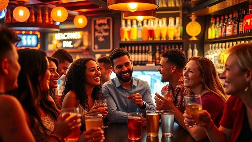 Diverse friends enjoying drinks in a vibrant bar, showcasing community engagement.