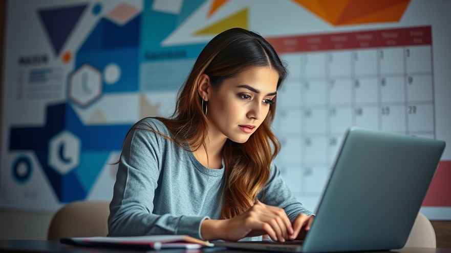 Young woman planning advertising campaigns on her laptop, vibrant abstract background.