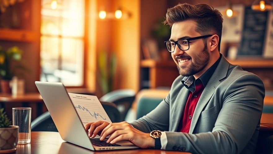 Business owner conducts market share analysis in a cozy café with graphs and charts.