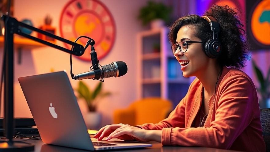 Young woman using YouTube marketing strategies in a vibrant podcast setup.