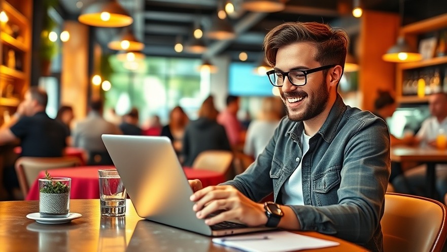 Small business owner conducting competitor analysis for local SEO on a laptop in a stylish cafe.