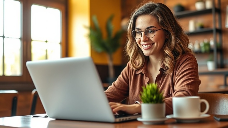 Confident female local business owner utilizing Generative Engine Optimization at a cozy café.