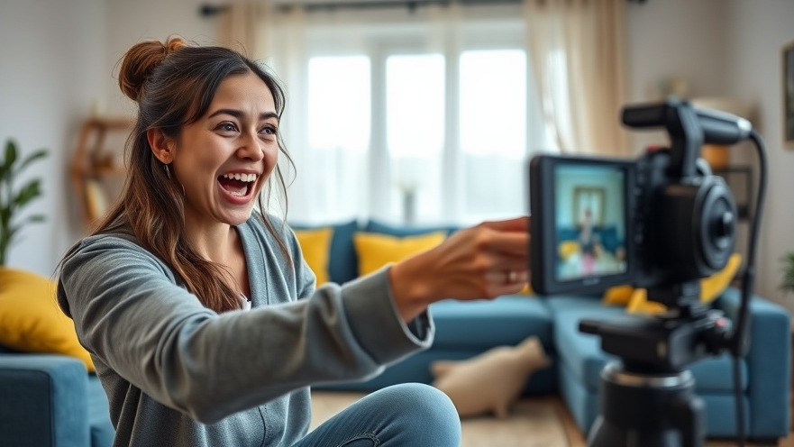 Young woman recording a video in a cozy living room, showcasing social media strategies to increase Instagram engagement.