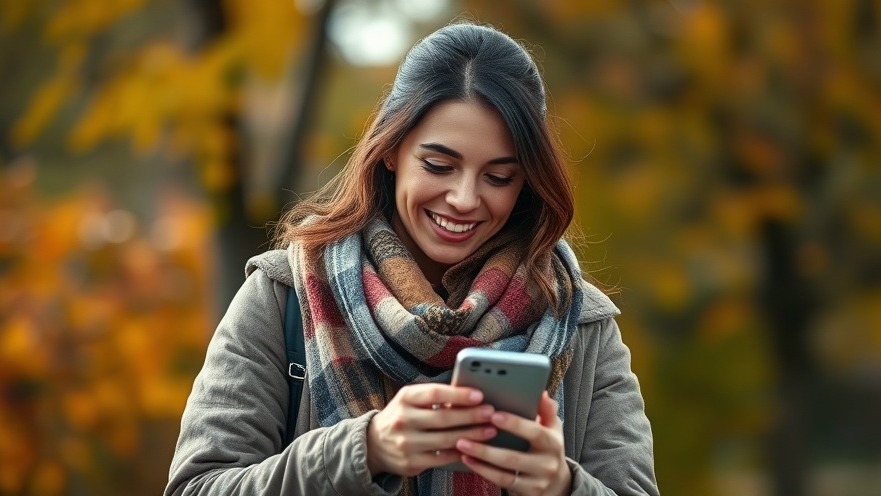 Young woman sharing video editing tips outdoors, smiling with autumn backdrop.