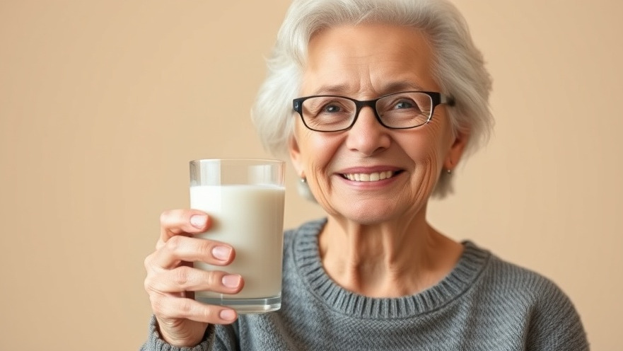 Smiling older woman with a glass of calcium rich milk for osteoporosis prevention.