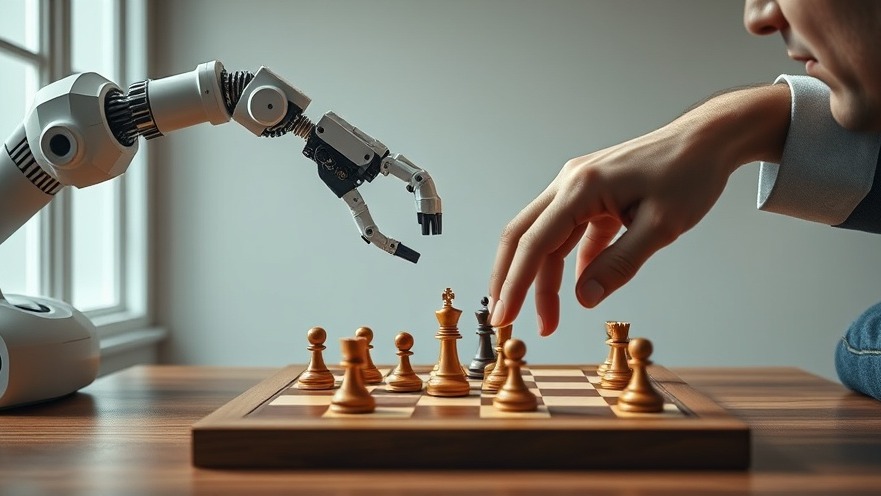 Tense chess match between robotic arm and human hand showcasing traditional productivity.