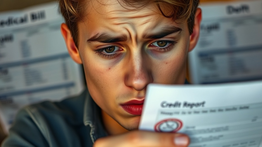 Concerned young adult reviewing credit report amid medical debt, reflecting financial planning.