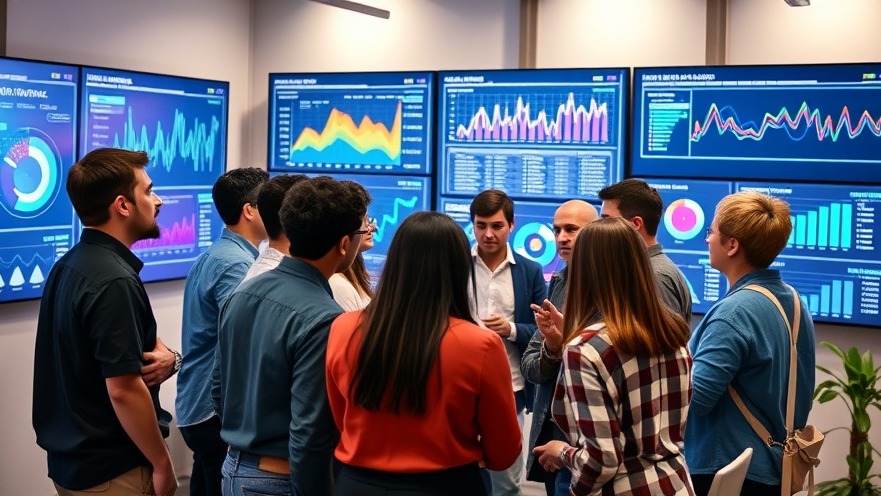 Young professionals brainstorming AI marketing techniques with vibrant digital analytics.