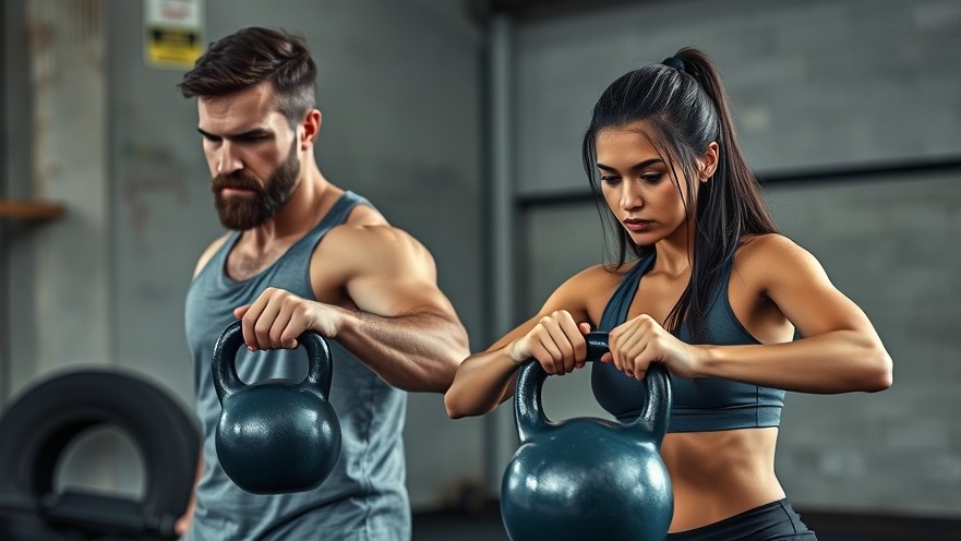 Athletic couple performing kettlebell exercises, showcasing functional strength training.