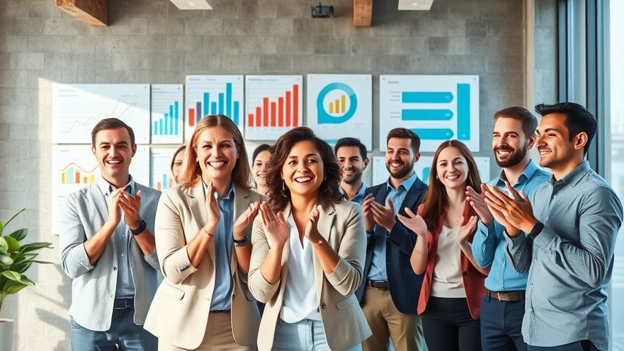 Cheerful professionals celebrating employee recognition in a vibrant office.