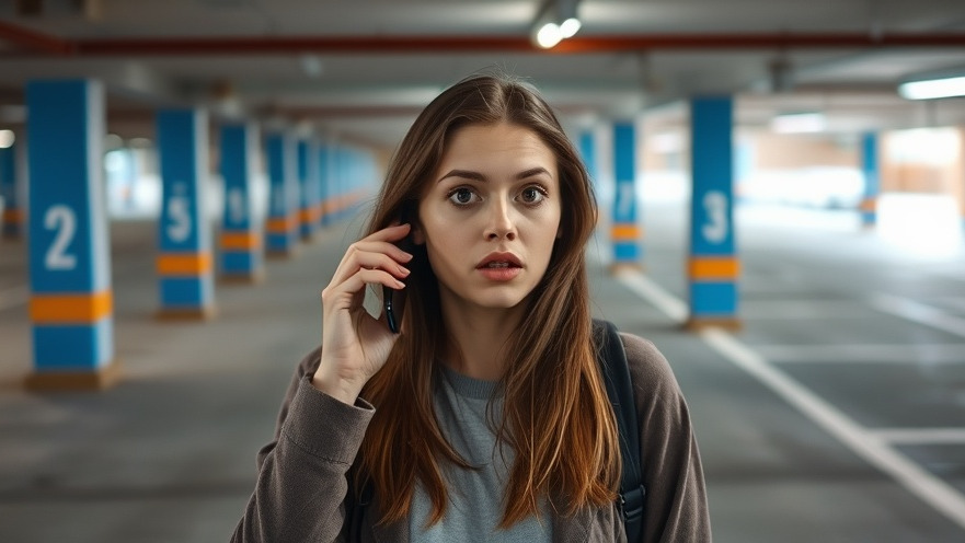 Young woman in a parking garage discussing vehicle theft trends on the phone.