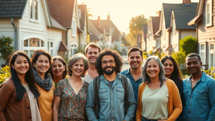 Diverse residents celebrate community lifestyle and housing market trends in bright sunshine.