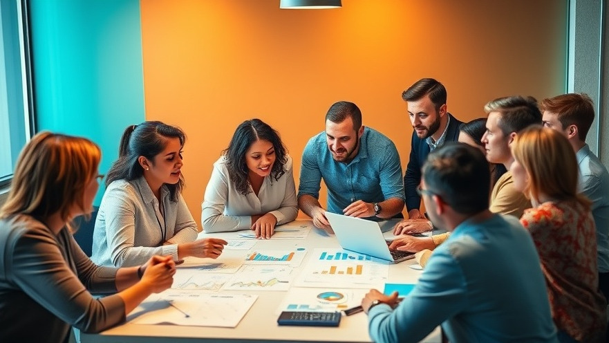 Diverse professionals discuss market analysis and competitive insights around vibrant charts.