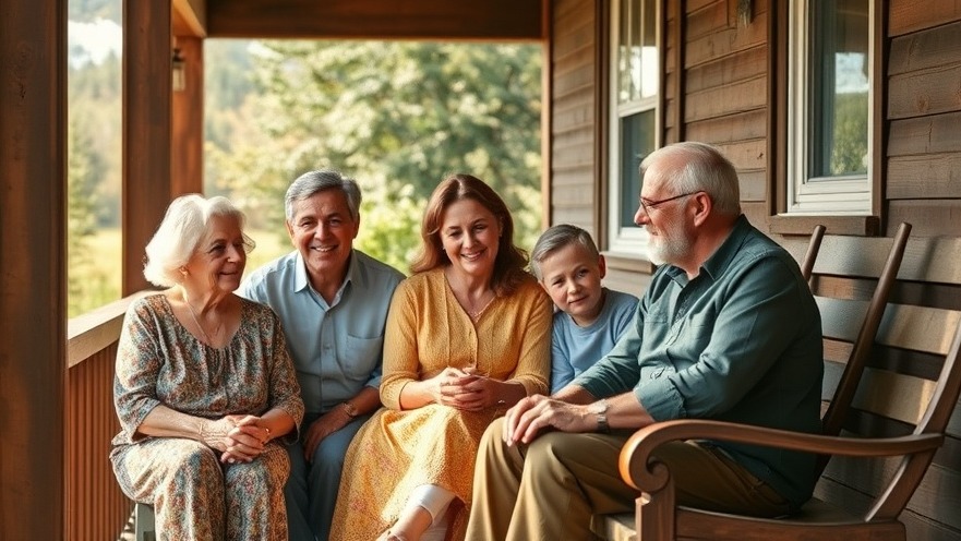 Multi-generational family enjoying summer activities, creating memories on a cozy porch.