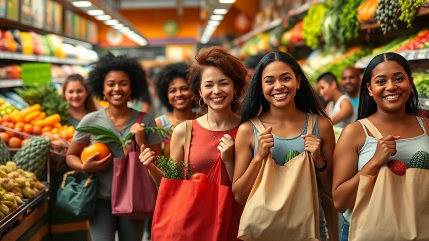 Diverse shoppers enjoying affordable grocery shopping with fresh organic food options.