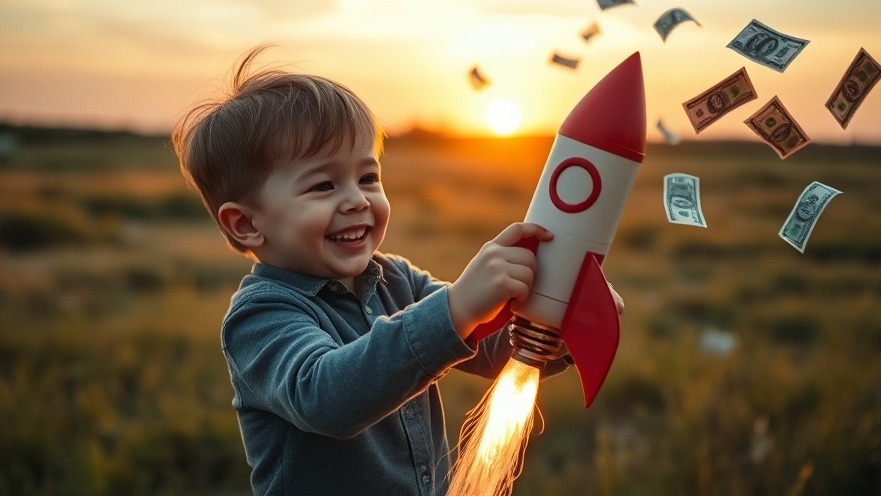 Child joyfully launching a toy rocket with money around, highlighting financial literacy for kids.