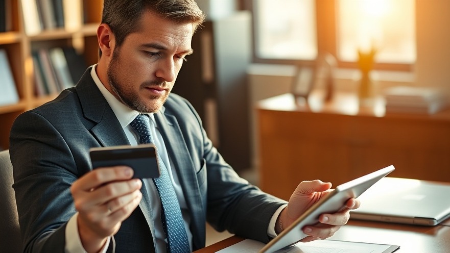 Businessman practicing credit card management using a tablet in a sunlit office.