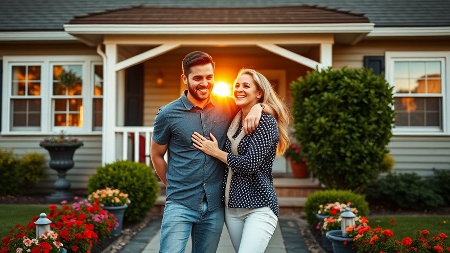 Joyful couple embraces in front of their new home, reflecting home buying process joy.