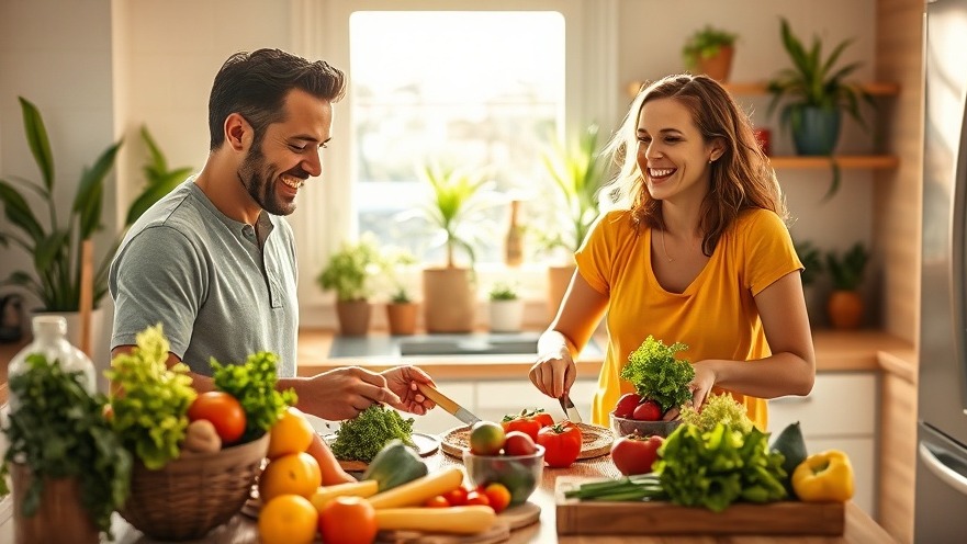 A joyful couple prepares a vibrant plant-based meal, embracing veganism and healthy family choices.
