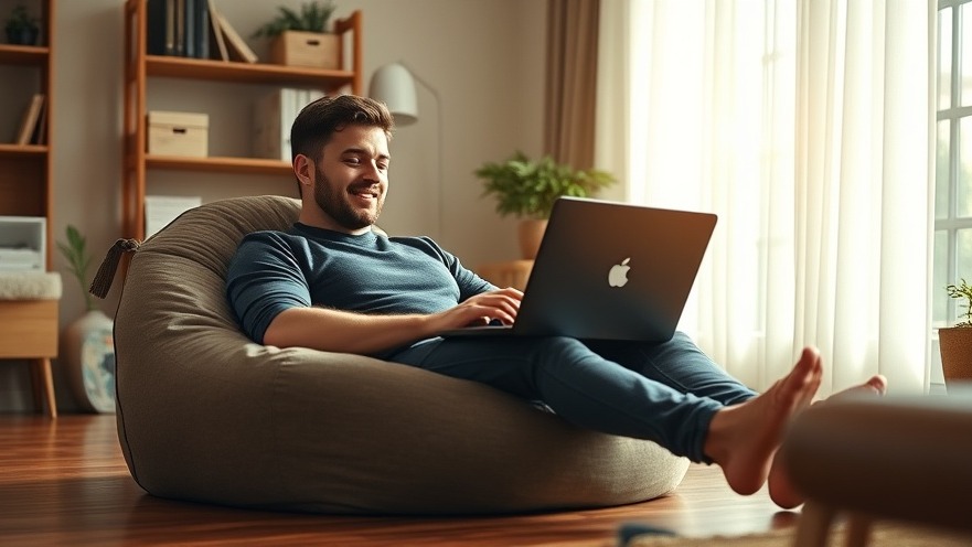 Relaxed man using remote work strategies in a cozy home office with flexible work hours.