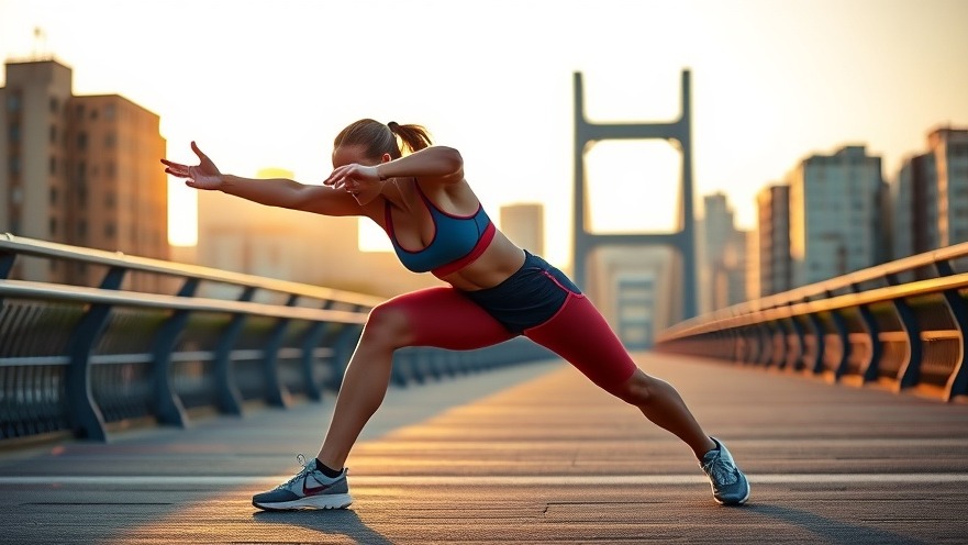 Young woman performing a hip flexor stretch on a bridge for soreness relief after running.