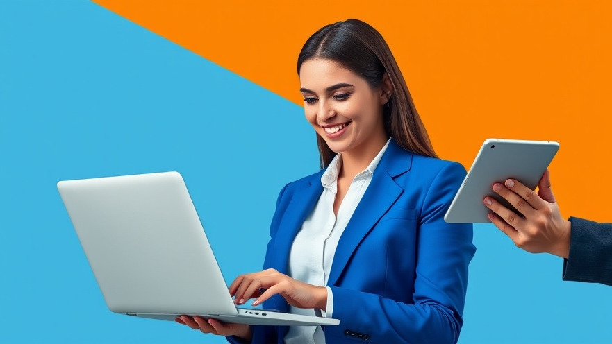 Smiling young woman with laptop and tablet, showcasing landing page design tips.