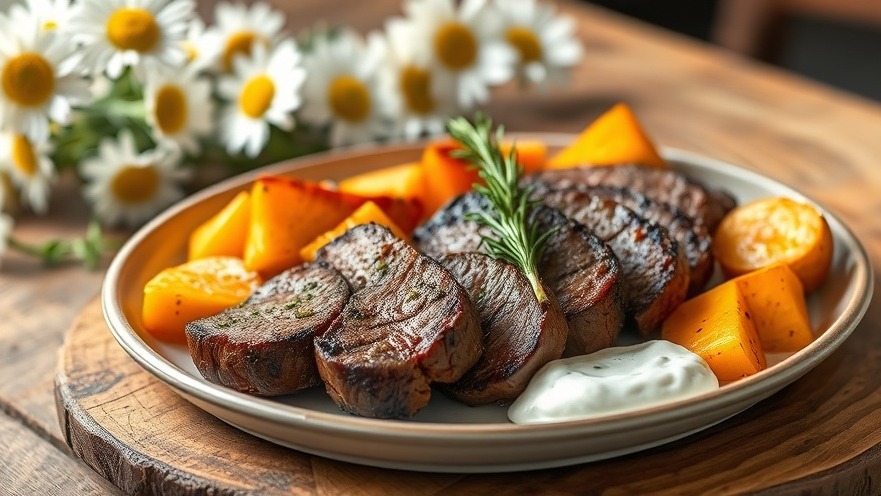 Delicious bison steak with sweet potatoes and buffalo yogurt sauce, perfect for healthy BBQ recipes.