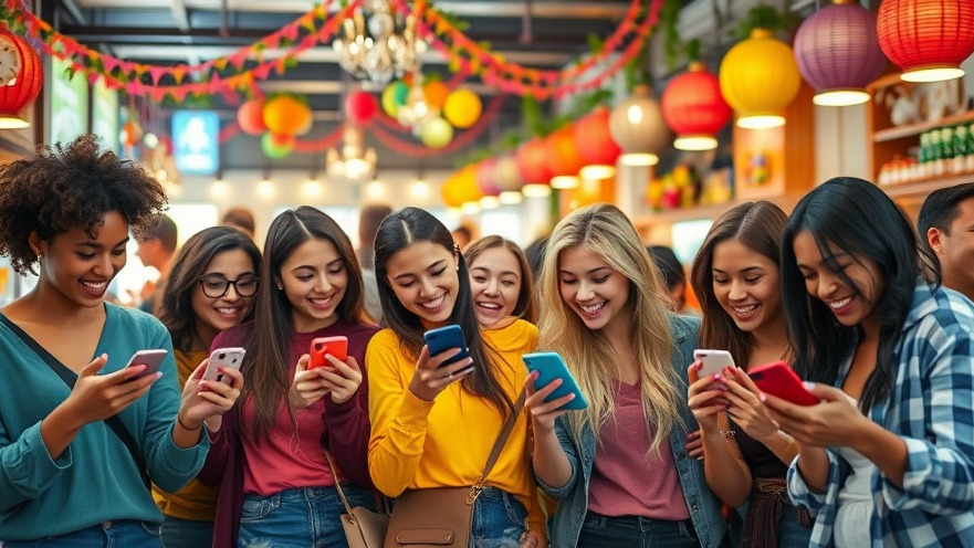 Diverse group engaging in social media marketing at a vibrant local café.