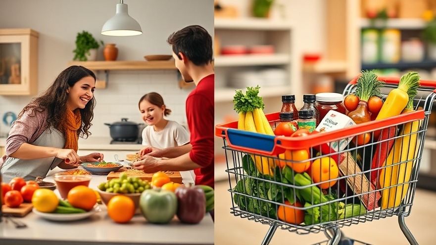 Happy family cooking together with grocery budget tips for healthy food shopping.