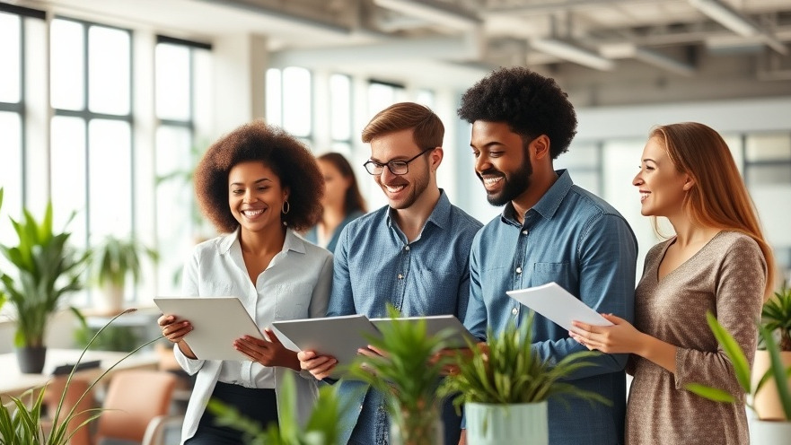 Diverse professionals collaborating in a bright office, enhancing workplace stress solutions.