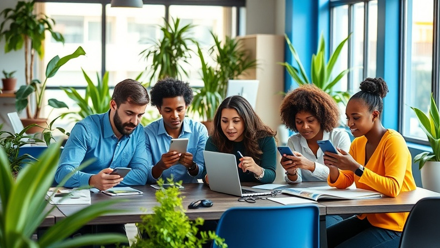 Diverse professionals using Gemini Live productivity apps with voice commands in a vibrant workspace.