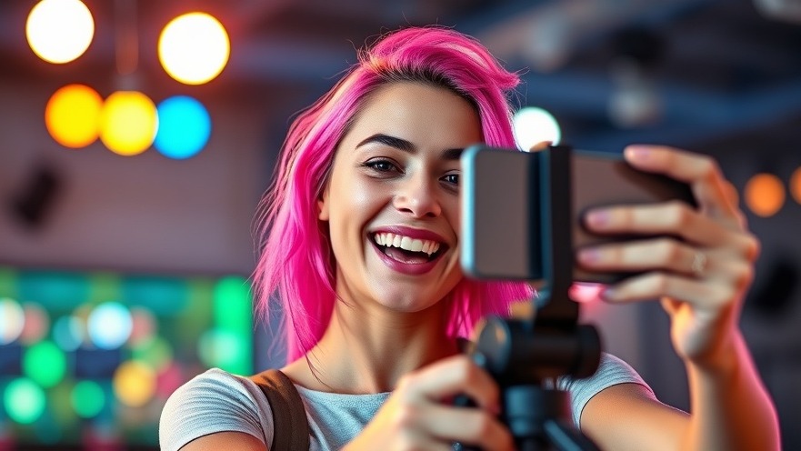 Vibrant young woman with pink hair taking a selfie, showcasing AI tools for marketing.