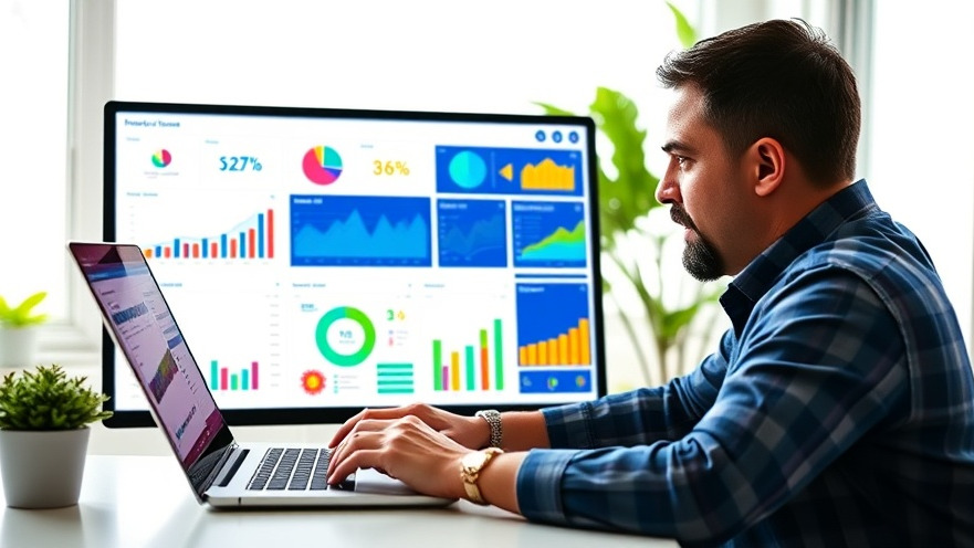 Local business owner analyzing automated SEO reporting on a vibrant digital dashboard.