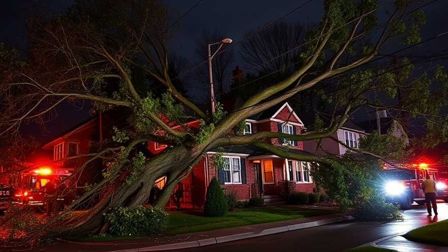 Photorealistic image of storm damage: fallen tree on a suburban house during emergency response.