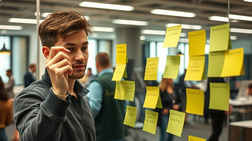 Young man using post-it notes for onboarding strategies to enhance employee retention.